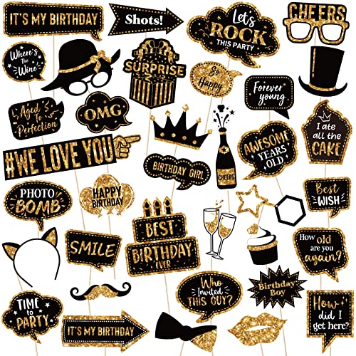 Outus 36 Stück Geburtstag Photo Booth Prop Happy Birthday PropPhotoshoot Schwarz & Gold Foto Prop Party Prop Urlaub Bild Requisiten Photo Booth Prop Pose Sign KitBirthday Party Supplies (Sun-Outus von Outus