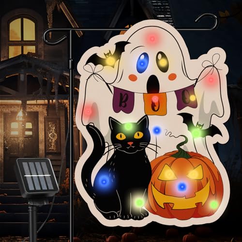 Beleuchtete Halloween-Gartenflagge, solarbetriebene Geist, schwarze Katze, Kürbis, Gartenflagge, 30,5 x 45,7 cm, vertikal, doppelseitig, schwarze Katzen-Dekorationen für den Außenbereich, Zuhause Beleuchtete Halloween-Gartenflagge, solarbetriebene Geist, schwarze Katze, Kürbis, Gartenflagge, 30,5 x 45,7 cm, vertikal, doppelseitig, schwarze Katzen-Dekorationen für den Außenbereich, Zuhause von Ouvibor