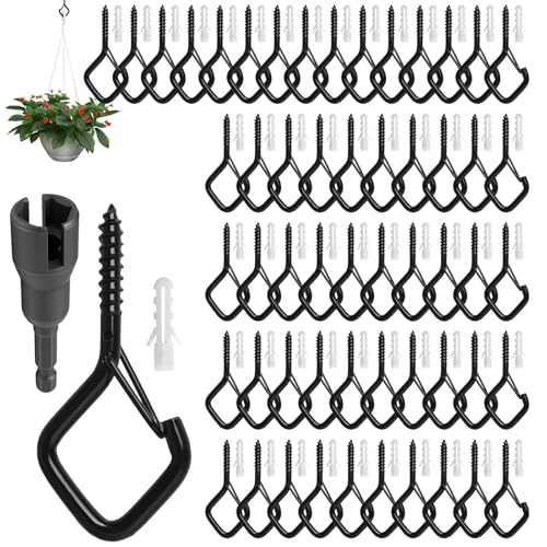 Ouxayapl 55 Stück Schraubhaken Schwarz, Edelstahl Hakenschrauben mit Sicherung, Haken zum Schrauben, Deckenhaken Wandhaken zum Pflanzenkörben Vogelhäuschen Windspielen Lichterketten von Ouxayapl