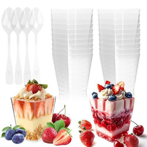 Ouxayapl Dessertgläser Plastik 5 OZ /160ML,50 Stück Dessertbecher Plastik mit 50 Stück Löffeln,Wiederverwendbare Dessertbecher Transparenten und -löffel für Mousse Kuchen,Eis,Joghurt,Pudding von Ouxayapl
