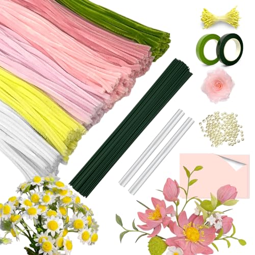 Pfeifenreiniger Blumen Set, 600 Stück Pfeifenputzer zum Basteln, DIY Dekorationen Pfeifenreiniger zum Basteln, mit Blumendraht, Schleifenband, Blumen Staubblatt für Blumenstrauß von Ouxayapl