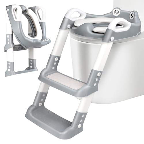 Toilettensitz Kinder mit Treppe, Toilettentrainer für Kinder, 2 IN 1 Toilettentrainer mit Treppe für Jungen und Mädchen, WC Sitz mit PU Gepolsterter Höhenverstellbar & Faltbar, Rutschfest mit Spritzsc von Ouxayapl