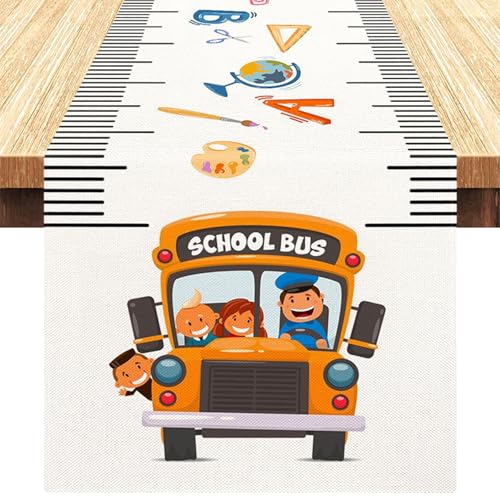 Ovanda Schulbus Schulanfang Party Deko Tischläufer 183 x 33 cm, Tischdeko Einschulung, Schuleinführung Tischdeko Mädchen Junge, Einschulungsdeko Tischläufer,Schulkind 2025,Schulanfang Einschulung Deko von Ovanda