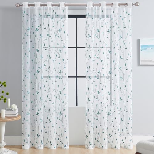 2 Paneele Weiße Durchsichtige Vorhänge Mit Blättermuster, Netzvorhänge Für Wohnzimmer Und Schlafzimmer, Küchenfensterbehandlung, Durchsichtige Vorhänge Mit Blättermuster (Himmelblau, B52 × L63) von Overpassing