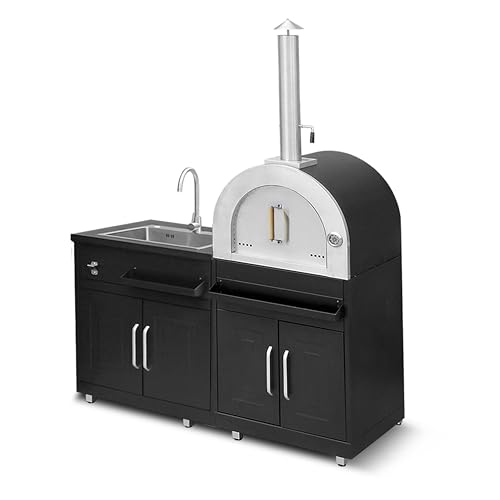 Außenküche aus Metall mit 2 Spülenmodulen und Pizzaofen von Oviala