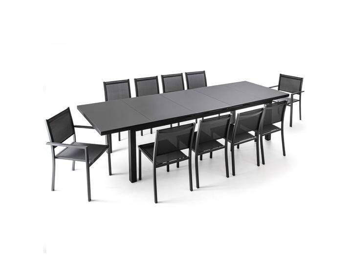 Ausziehbarer Gartentisch aus Aluminium und Glas, 256/320x100 cm, und 10 Stühle aus Textilene Ausziehbarer Gartentisch aus Aluminium und Glas, 256/320x100 cm, und 10 Stühle aus Textilene von Oviala