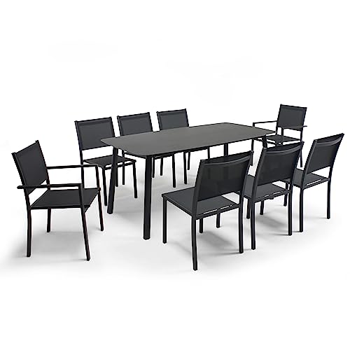Gartentisch aus Aluminium und Stein + 6 Stühle und 2 Sessel, Grau von Oviala
