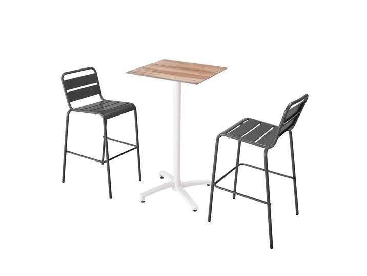 Garten-Hochtisch quadratisch, neigbar, aus Aluminium weiß und HPL, 60x60 cm, und 2 Hochstühle aus Metall von Oviala