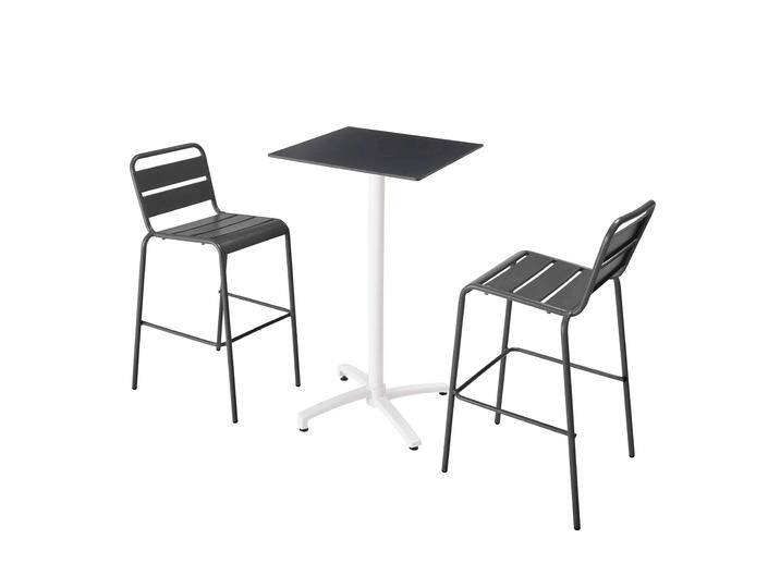 Garten-Hochtisch quadratisch, neigbar, aus Aluminium weiß und HPL, 60x60 cm, und 2 Hochstühle aus Metall von Oviala