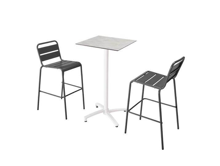 Garten-Hochtisch quadratisch, neigbar, aus Aluminium weiß und HPL, 60x60 cm, und 2 Hochstühle aus Metall von Oviala