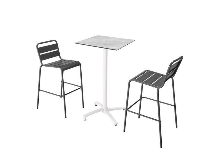 Garten-Hochtisch quadratisch, neigbar, aus Aluminium weiß und HPL, 60x60 cm, und 2 Hochstühle aus Metall von Oviala