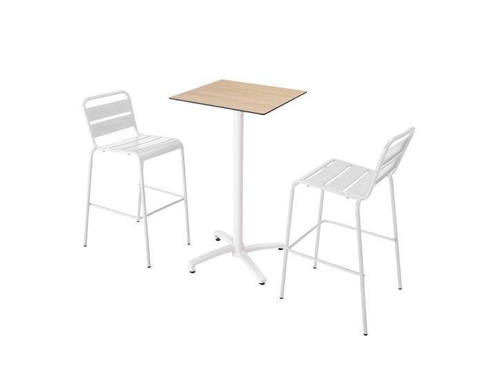 Garten-Hochtisch quadratisch, neigbar, aus Aluminium weiß und HPL, 60x60 cm, und 2 Hochstühle aus Metall von Oviala