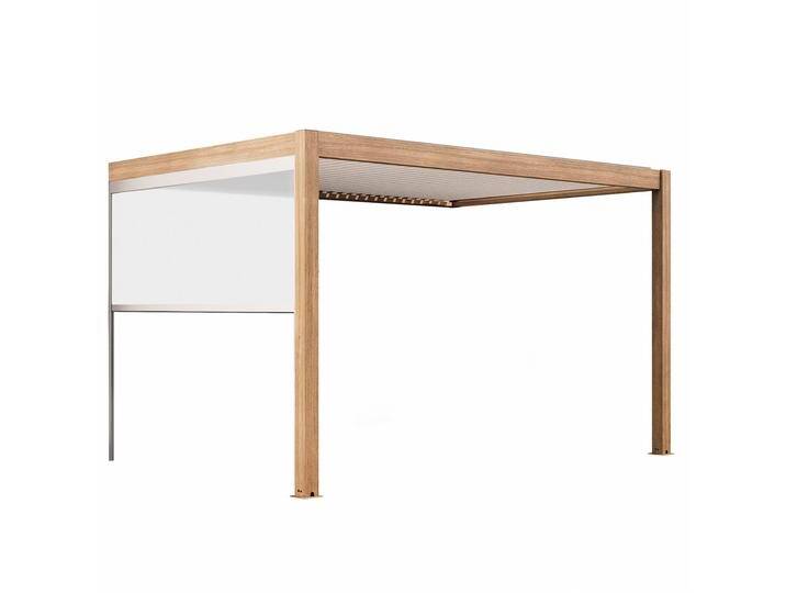 Motorisierte Wand-Pergola 4x3 m aus Aluminium in Holzoptik und weißen Lamellen mit LED-Beleuchtung und mit Markise Motorisierte Wand-Pergola 4x3 m aus Aluminium in Holzoptik und weißen Lamellen mit LED-Beleuchtung und mit Markise von Oviala