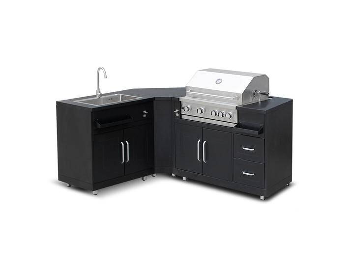 Outdoor-Küche aus Metall in Eckform mit Outdoor Spüle, Grill und Stauraum – 3 Module von Oviala
