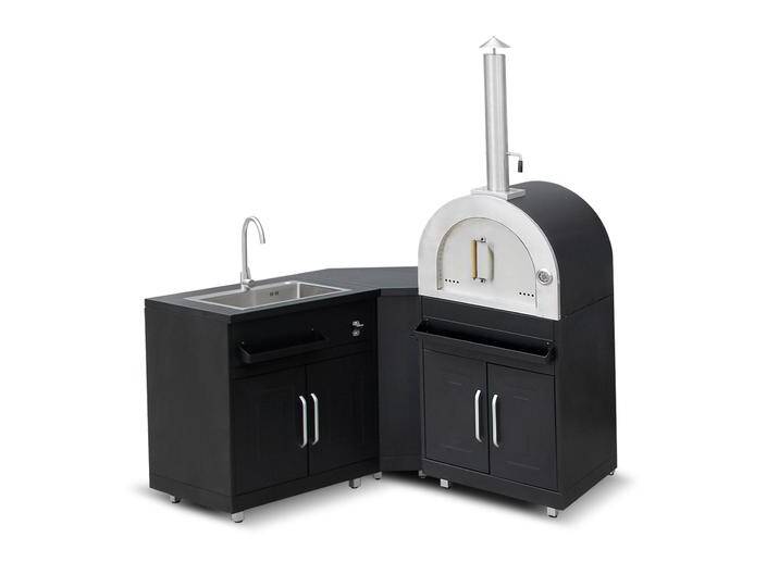Outdoor-Küche aus Metall in Eckform mit Outdoor Spüle, Pizzaöfen und Stauraum – 3 Module von Oviala