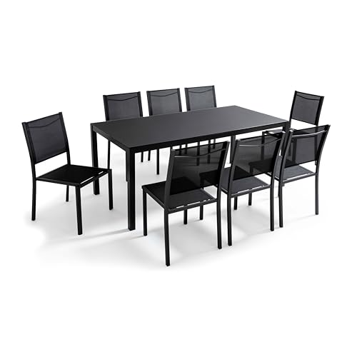 Oviala Gartentisch-Set mit 8 Stühlen mit Glasplatte, Schwarz von Oviala