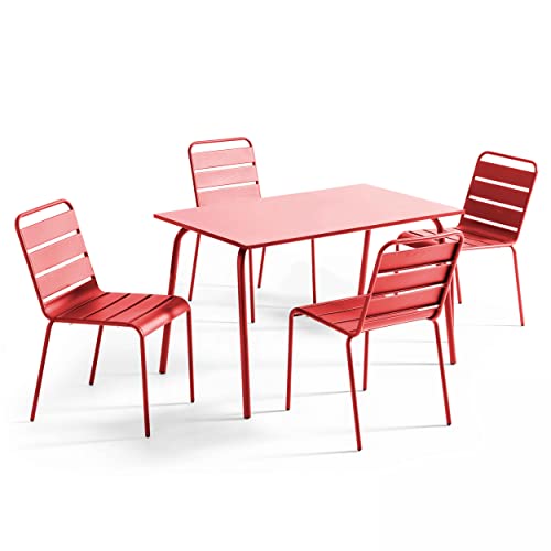 Oviala Palavas Gartentisch aus Metall und 4 Stühlen, Rot von Oviala