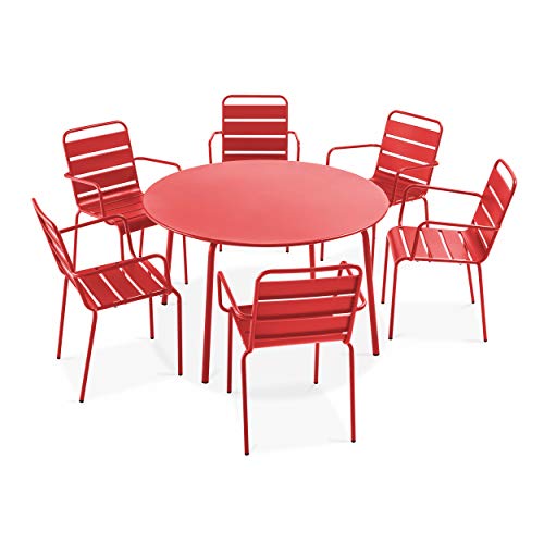 Oviala Palavas – Gartentisch rund und 6 Sessel, Stahl, Rot von Oviala