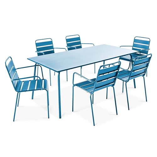 Oviala Palavas – Gartentisch und 6 Sessel aus Metall, Pacific Blau von Oviala