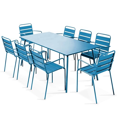 Oviala Palavas – Gartentisch und 8 Sessel aus Metall, Pacific Blau von Oviala