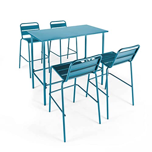 Oviala Palavas Set mit hohem Tisch und 4 Barstühlen aus Metall, Blau Pacific Oviala Palavas Set mit hohem Tisch und 4 Barstühlen aus Metall, Blau Pacific von Oviala