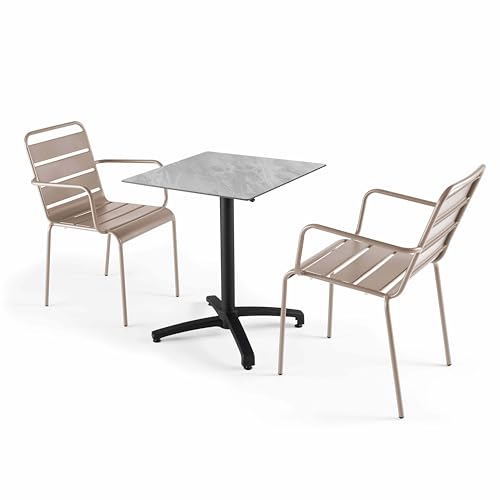 Oviala Set Tisch 60 cm Marmor und 2 Sessel aus Metall, taupe von Oviala