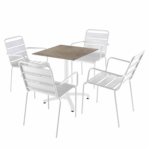 Oviala Set Tisch 70 cm Marmor Beige und 4 Stühle aus Metall weiß von Oviala