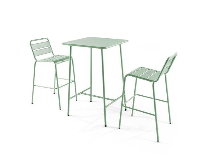 Garten-Hochtisch im Bistro-Stil, quadratisch, aus Metall, 70x70 cm, und 2 Hochstühle von Oviala