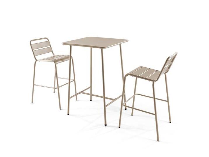 Garten-Hochtisch im Bistro-Stil, quadratisch, aus Metall, 70x70 cm, und 2 Hochstühle von Oviala