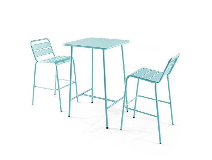 Garten-Hochtisch im Bistro-Stil, quadratisch, aus Metall, 70x70 cm, und 2 Hochstühle von Oviala