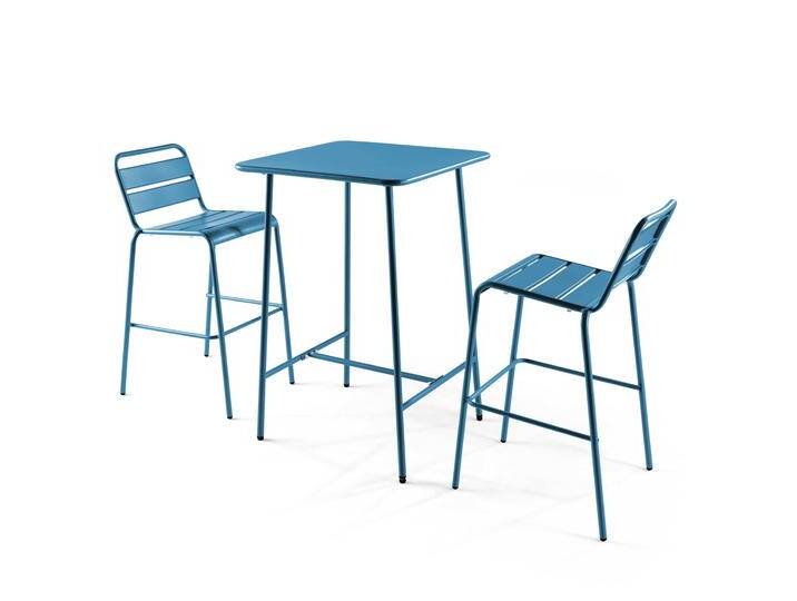 Garten-Hochtisch im Bistro-Stil, quadratisch, aus Metall, 70x70 cm, und 2 Hochstühle von Oviala