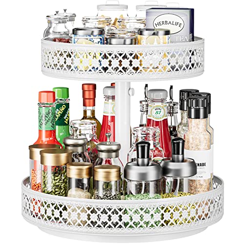 Lazy Susan Organizer mit 2 Etagen, Drehteller, Gewürzregal, 30.5 cm, verstellbar, Metall, drehbar, für Schrank, Speisekammer, Küche, Arbeitsplatte, Esstisch, Schrank, Schminkaufbewahrung, Weiß von Ovicar