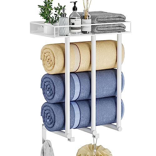 Ovicar Handtuchhalter für Badezimmer – Wandmontierter Handtuchhalter mit Metallregal & 3 Haken, 3 Stangen Wandhandtuchhalter für kleines Badezimmer, Badetuchaufbewahrung für gerollte Handtücher von Ovicar