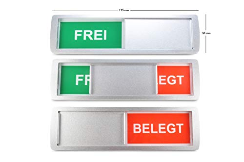 GROßES FREI/BELEGT Schild 17,5 x 5cm - NEU: Magnete im Rahmen arretieren Gebogene Metallschiebeeinheit in Position: Somit auch gut mit Ellbogen bedienbar - Metallic-Lack & 3M Qualitätsklebefläche von SynMe