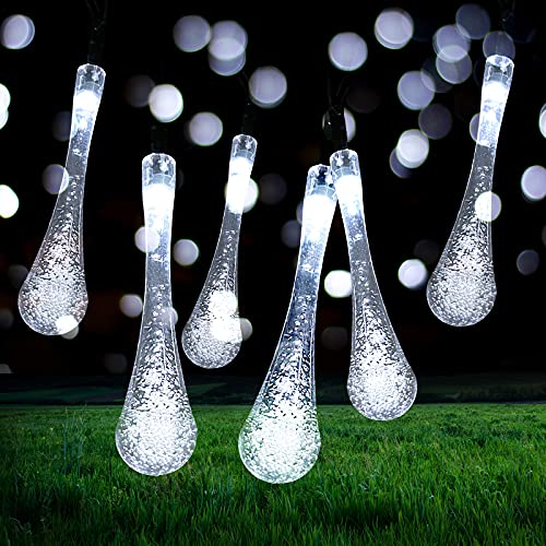 Ovker Solar Lichterketten für Außen Garten, 50 LED 7m Solar Wassertropfen Lichterkette, 8 Modi Wasserdicht Regentropfen Dekoration Lichter für Terrasse Weihnachten(Weiß) von Ovker