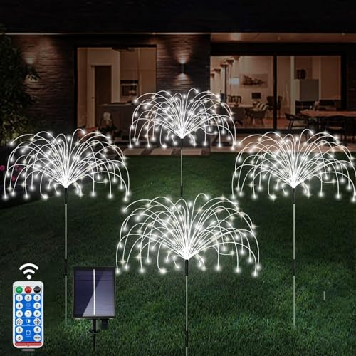 Ovker Solarleuchten für Außen, 4 Stück 120LED Solar Feuerwerk Gartenleuchten, 8 Modi Solarstecker Gartendeko Pusteblume Wetterfest Solarlampe für Garten Balkon Blumenkästen Deko (Weiß) von Ovker