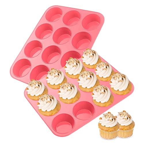 Ovtai 2 Stücke Minimuffinform Silikon, 12 Loch Minimuffinform, 29 x 22 x 3cm Mini Muffinform Silikon, Wiederverwendbar Mini Muffins Backform Geeignet für Cupcakes Pralinen Süßigkeiten Kekse (Rosa) von Ovtai