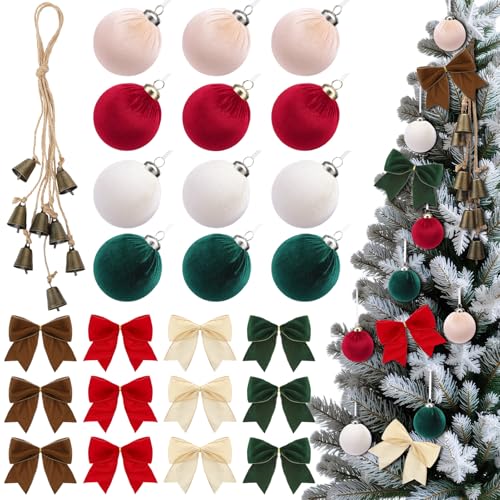 Ovveroche 25-teiliges Weihnachtsdekorationsset, 12 Samtkugeln, 12 Weihnachts-Samtschleifen, Glockengirlande in neutralen Vintage-Farben für Baumkranz Ovveroche 25-teiliges Weihnachtsdekorationsset, 12 Samtkugeln, 12 Weihnachts-Samtschleifen, Glockengirlande in neutralen Vintage-Farben für Baumkranz von Ovveroche