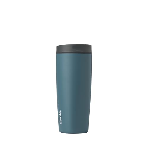 Owala SmoothSip Slider Isolierter Edelstahl-Kaffeebecher, Wiederverwendbarer Eiskaffeebecher, Heißer Kaffee Reisebecher, BPA-frei 590 ml, Grau-Blau (High Dive) von Owala