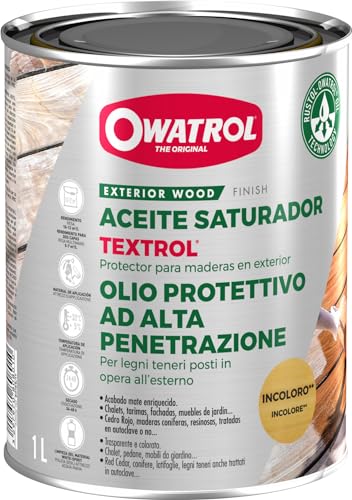 OWATROL – TEXTROL – 1 L – Eiche rustikal – Holzsättiger für den Außenbereich auf natürlicher Pflanzenölbasis für Holzhäuser, Zäune, Gartenhäuser, Holzfassaden, Holz im Außenbereich – Holzschutzöl für Terrassen und Möbel von OWATROL