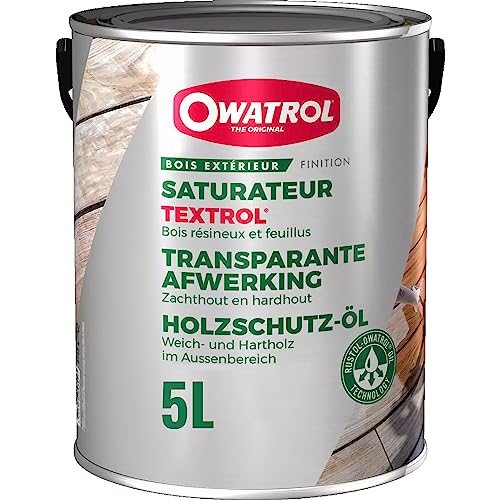 OWATROL – TEXTROL – 5 L – Eiche hell – Holzsättiger für den Außenbereich auf natürlicher Pflanzenölbasis für Holzhäuser, Zäune, Gartenhäuser, Holzfassaden, Holz im Außenbereich – Holzschutzöl für Terrassen und Möbel von OWATROL