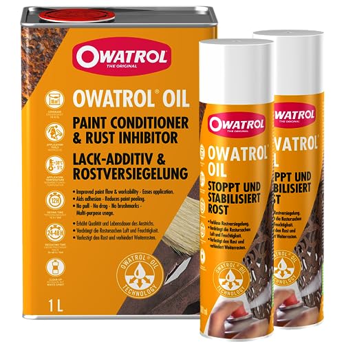 OWATROL – OIL – Set – Farbloser Rostschutzlack (1 Liter) und -spray (2 x 300ml) – farblos – dringt ein und stoppt Rost, Schutz für Oberflächen aus Metall Kunststoff Glas Holz von OWATROL