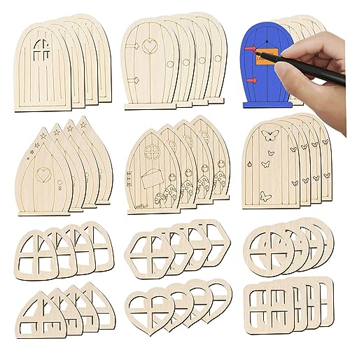 Feen -Tür -Holz -Feen -Türen für Baum unvollendetes Mini Fenster Haus DIY Kit Grden Accessoires für Home 48 PCS Style 1 von Owddddtnxc
