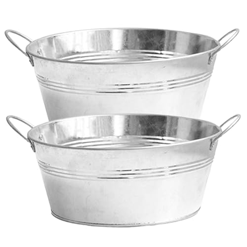 Owddddtnxc Verzinkter Pflanzer 2pcs Große runde verzinkte Wanne mit stabilen Griffen 9, 76 x 4, 33 Zoll Metall Pflanzer Zinkwanne zum Pflanzen, Getränkekühler, Eiseimer von Owddddtnxc