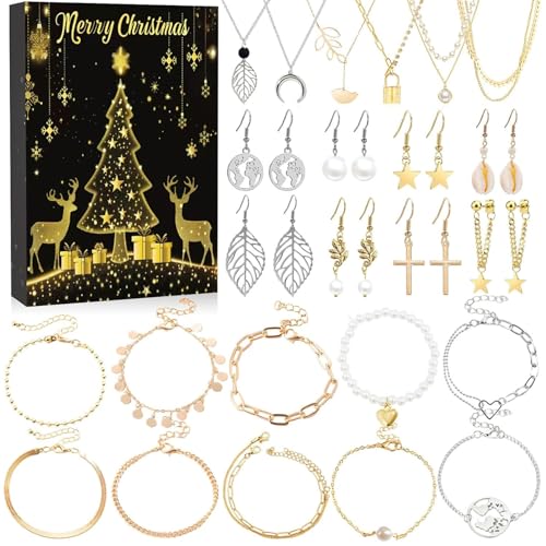 Schmuck Adventskalender 2024 24 -Tage -Adventskalender für Gold- und Silberschmuck umfasst Ohrhörer, mehr Weihnachts -Countdown, Geschenke für Frauen und Mädchenjewelry 2024 von Owddddtnxc
