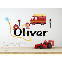 Feuerwehrauto Wandtattoo - Mit Namen Jungen Kinder Kinderzimmer Wandtattoos Vinyl Wand Kunst Dekor von OwenWallArt
