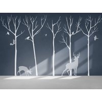 Winter Birke Wandtattoo, Baum Mit Hirschen Wandkunst, Kinderzimmer Dekor, Große Wand Aufkleber, Wald Bäume Wandaufkleber von OwenWallArt