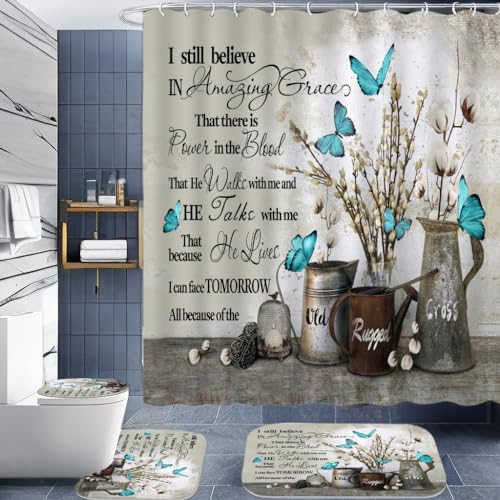 4 - Stücke Blauer - Vers - Duschvorhangset - Inspirierende Zitate, Blumen - Schmetterling - Design - Enthält Duschvorhang, Teppiche & 12 Haken(Grey) von OwkHome