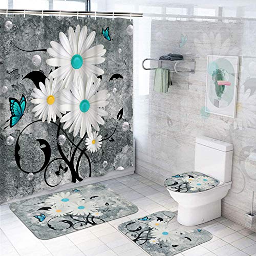 4 - Stücke Blumen - Schmetterling - Duschvorhangset Mit Teppichen, WC - Deckelabdeckung Und Badematte - Weiße Gänseblümchen - Design, 12 Haken Enthalten - Stoff - Landhausstil - Rustikales Badezimmerd 4 - Stücke Blumen - Schmetterling - Duschvorhangset Mit Teppichen, WC - Deckelabdeckung Und Badematte - Weiße Gänseblümchen - Design, 12 Haken Enthalten - Stoff - Landhausstil - Rustikales Badezimmerd von OwkHome