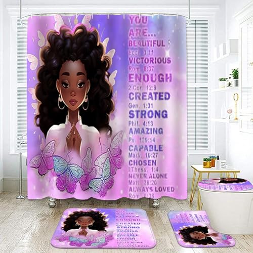 4-teiliges Duschvorhang-Set „Black Girl“ Mit Badvorlegern, Toilettendeckelbezug Und Haken, Rustikales Afroamerikanisches Badezimmerdekor, Wasserdichtes Schmetterlingsdesign For Kinder Und Frauen(Purpl von OwkHome